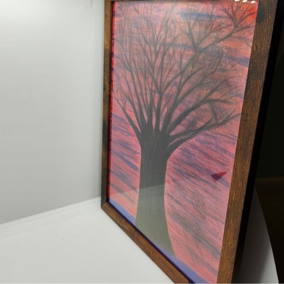 Handmade Framed Pencil Art  Winter Evening Tree Original Colored Drawing - Picture 5 of 14